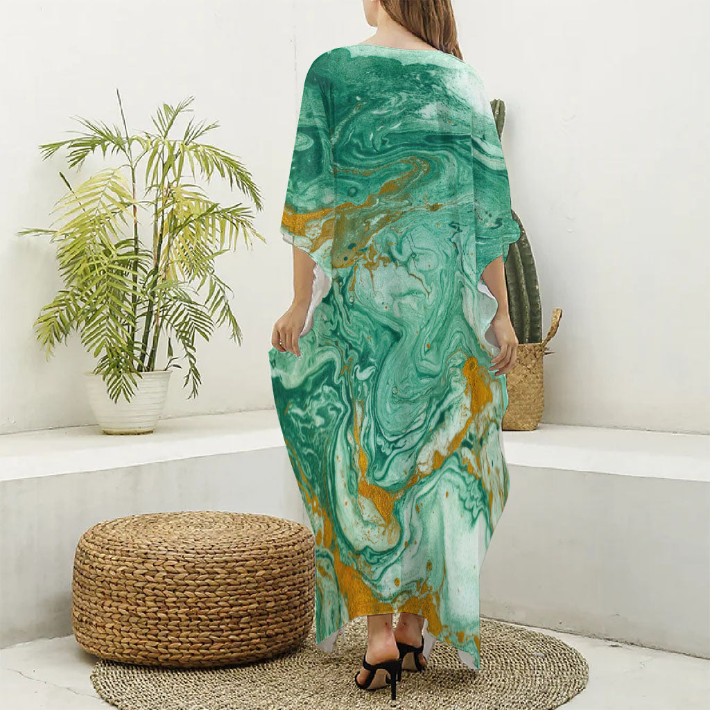 Green Gold Liquid Marble Print Silk V-Neck Kaftan Dress