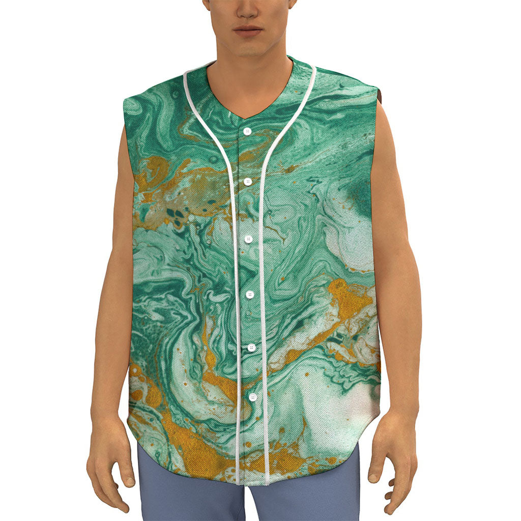 Green Gold Liquid Marble Print Sleeveless Baseball Jersey