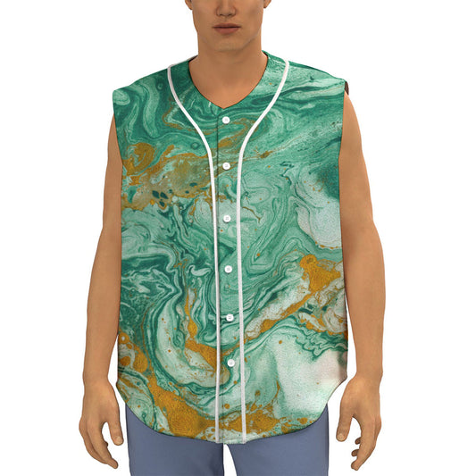 Green Gold Liquid Marble Print Sleeveless Baseball Jersey