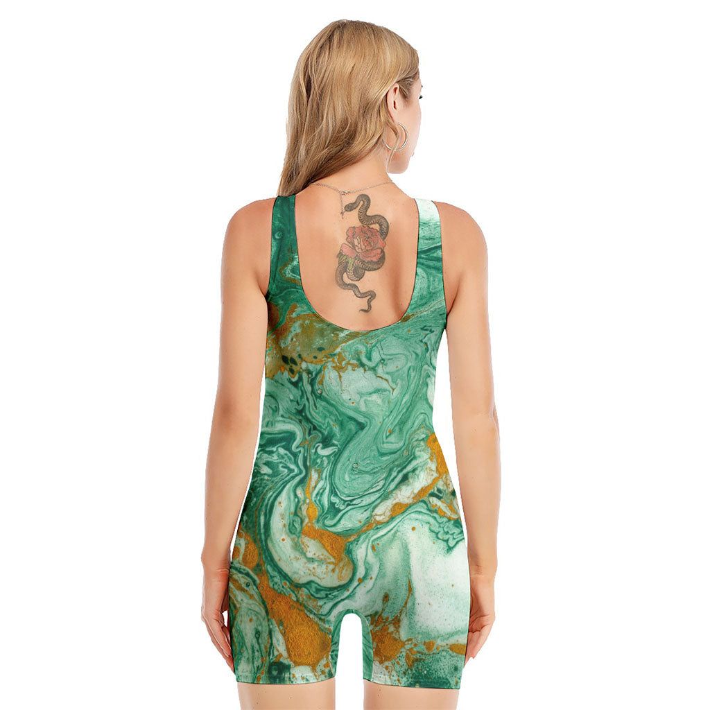 Green Gold Liquid Marble Print Sleeveless One Piece Swimsuit
