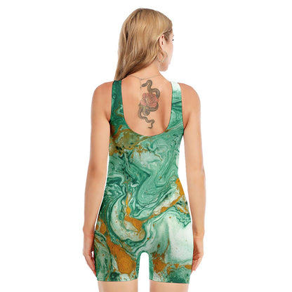 Green Gold Liquid Marble Print Sleeveless One Piece Swimsuit