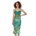 Green Gold Liquid Marble Print Slim Fit Midi Cami Dress