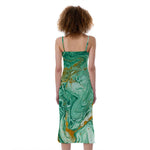 Green Gold Liquid Marble Print Slim Fit Midi Cami Dress