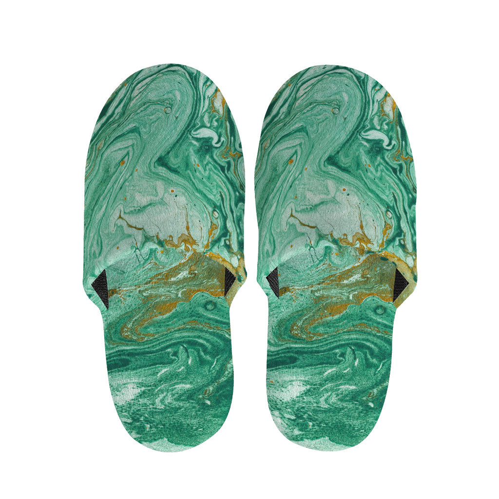 Green Gold Liquid Marble Print Slippers