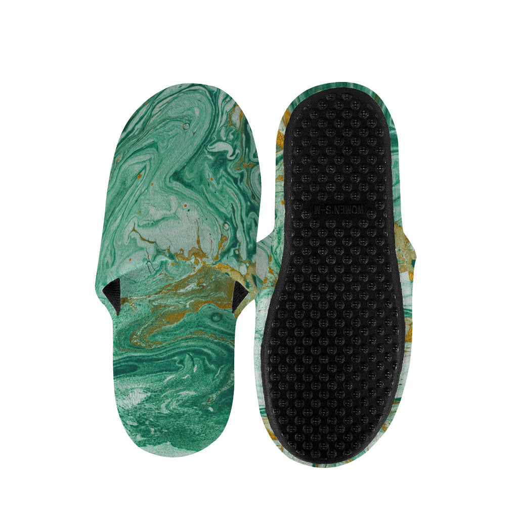 Green Gold Liquid Marble Print Slippers