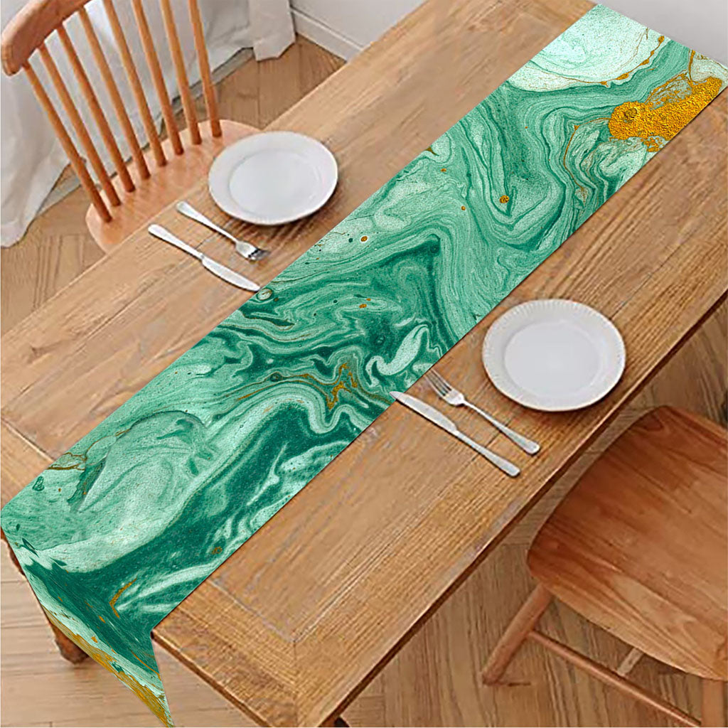 Green Gold Liquid Marble Print Table Runner