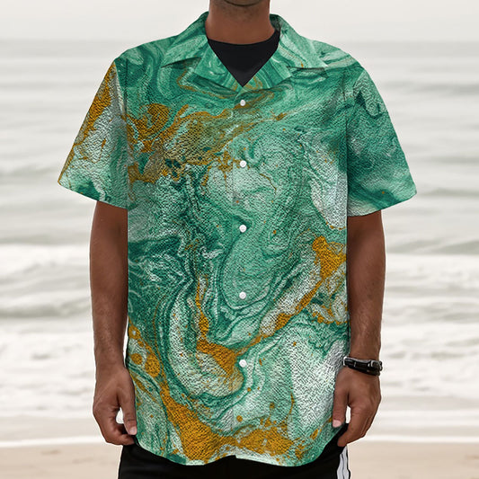 Green Gold Liquid Marble Print Textured Short Sleeve Shirt