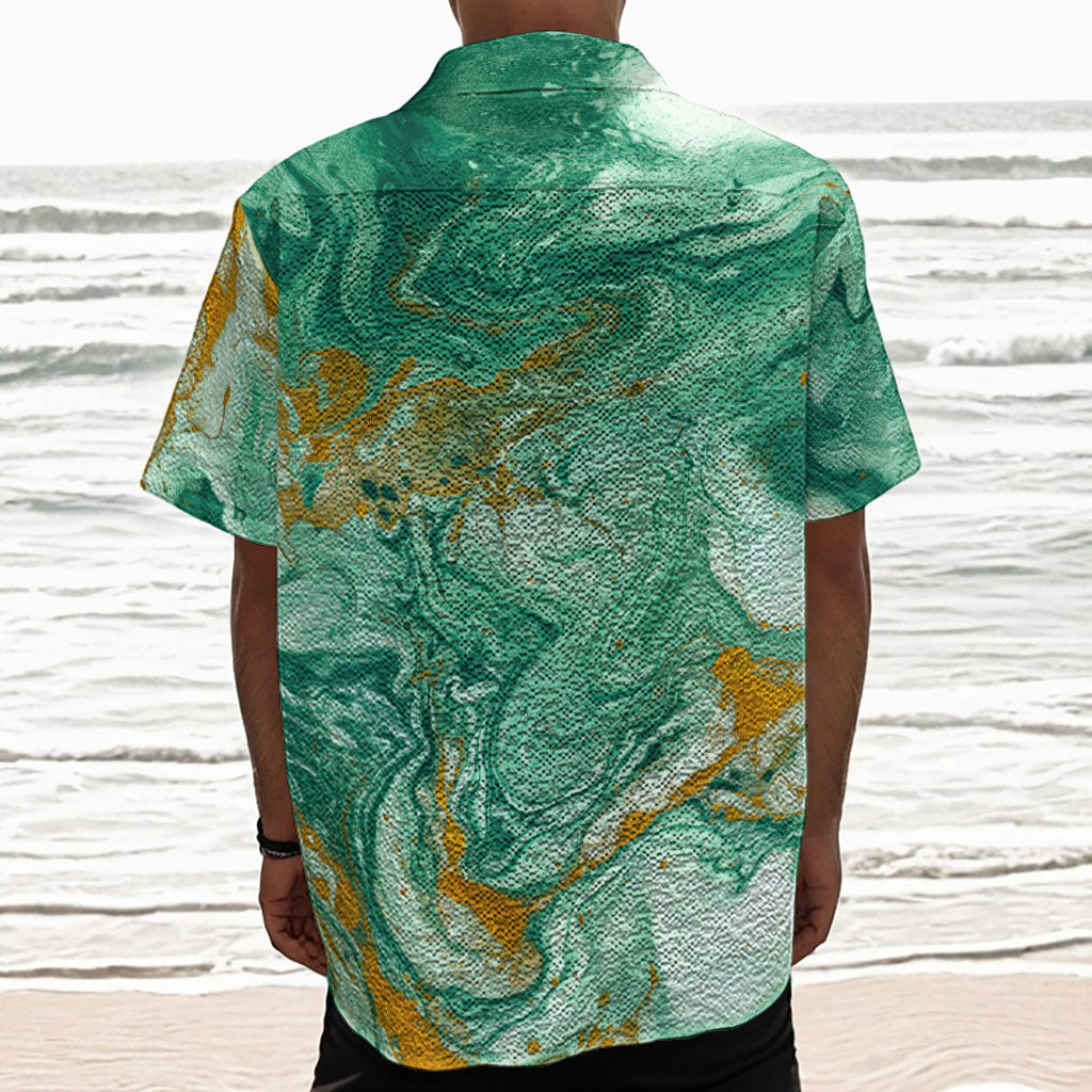 Green Gold Liquid Marble Print Textured Short Sleeve Shirt