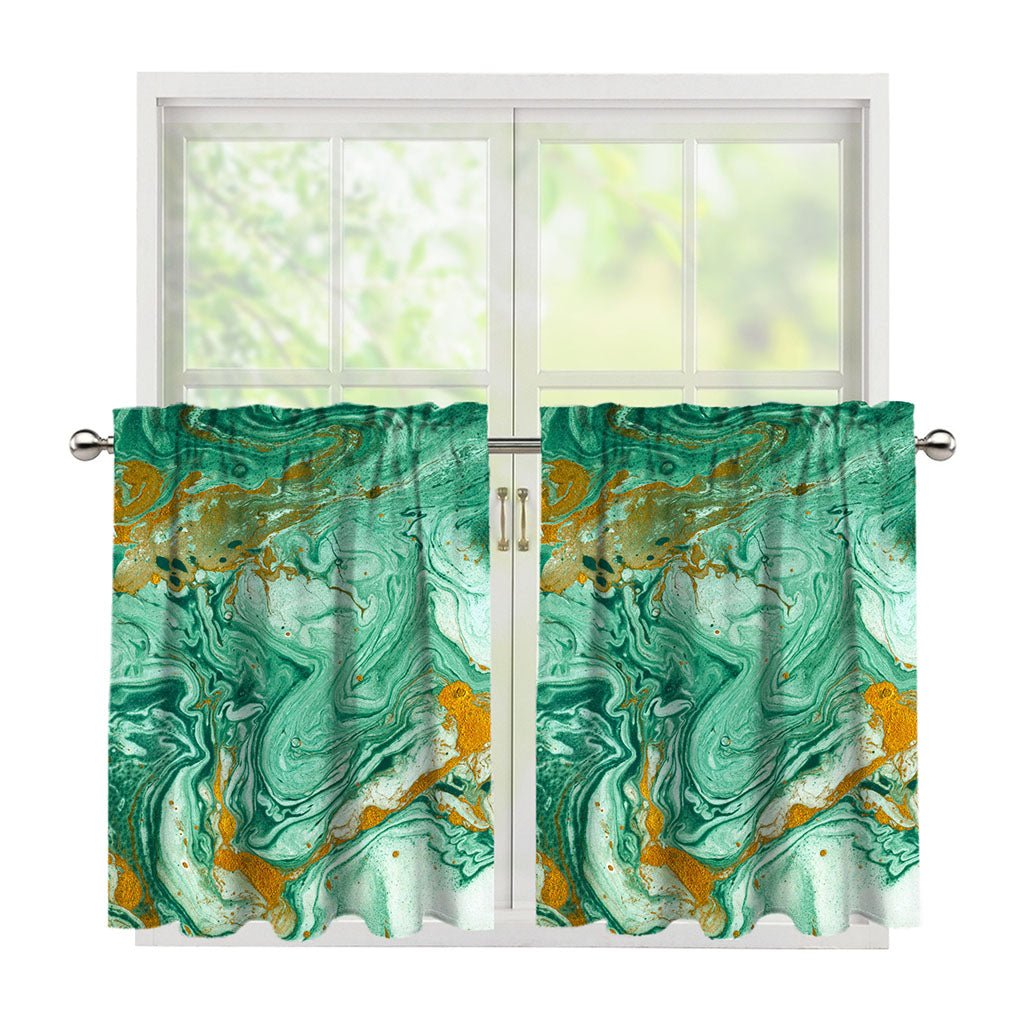 Green Gold Liquid Marble Print Tier Curtains