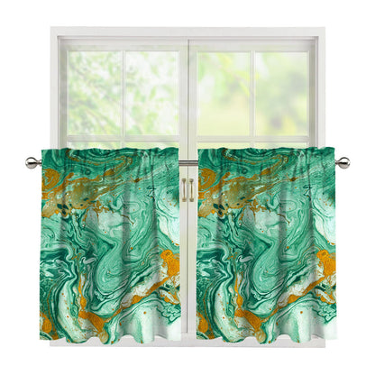 Green Gold Liquid Marble Print Tier Curtains