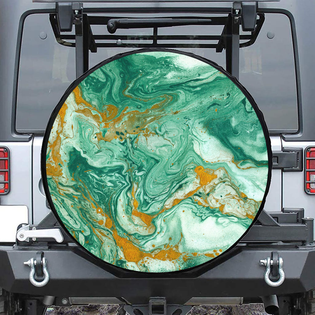 Green Gold Liquid Marble Print Tire Cover