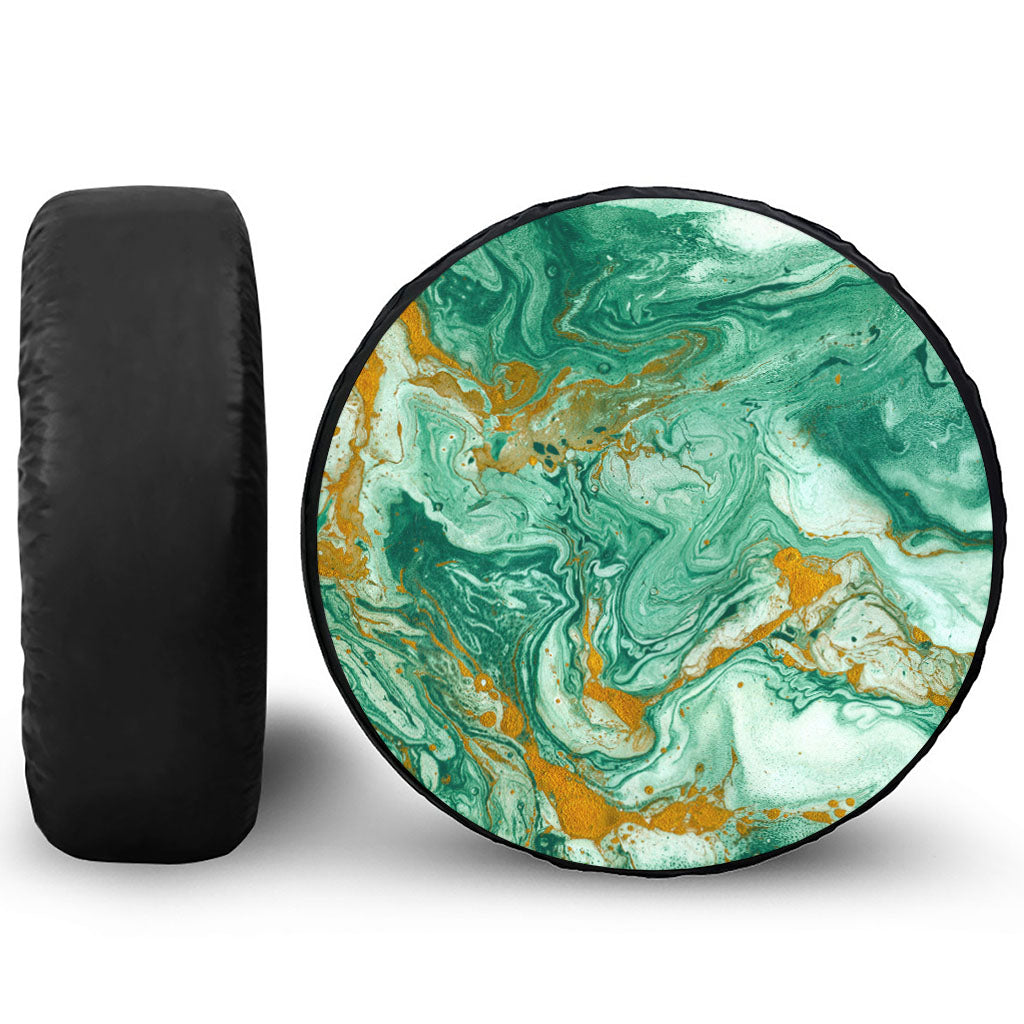 Green Gold Liquid Marble Print Tire Cover