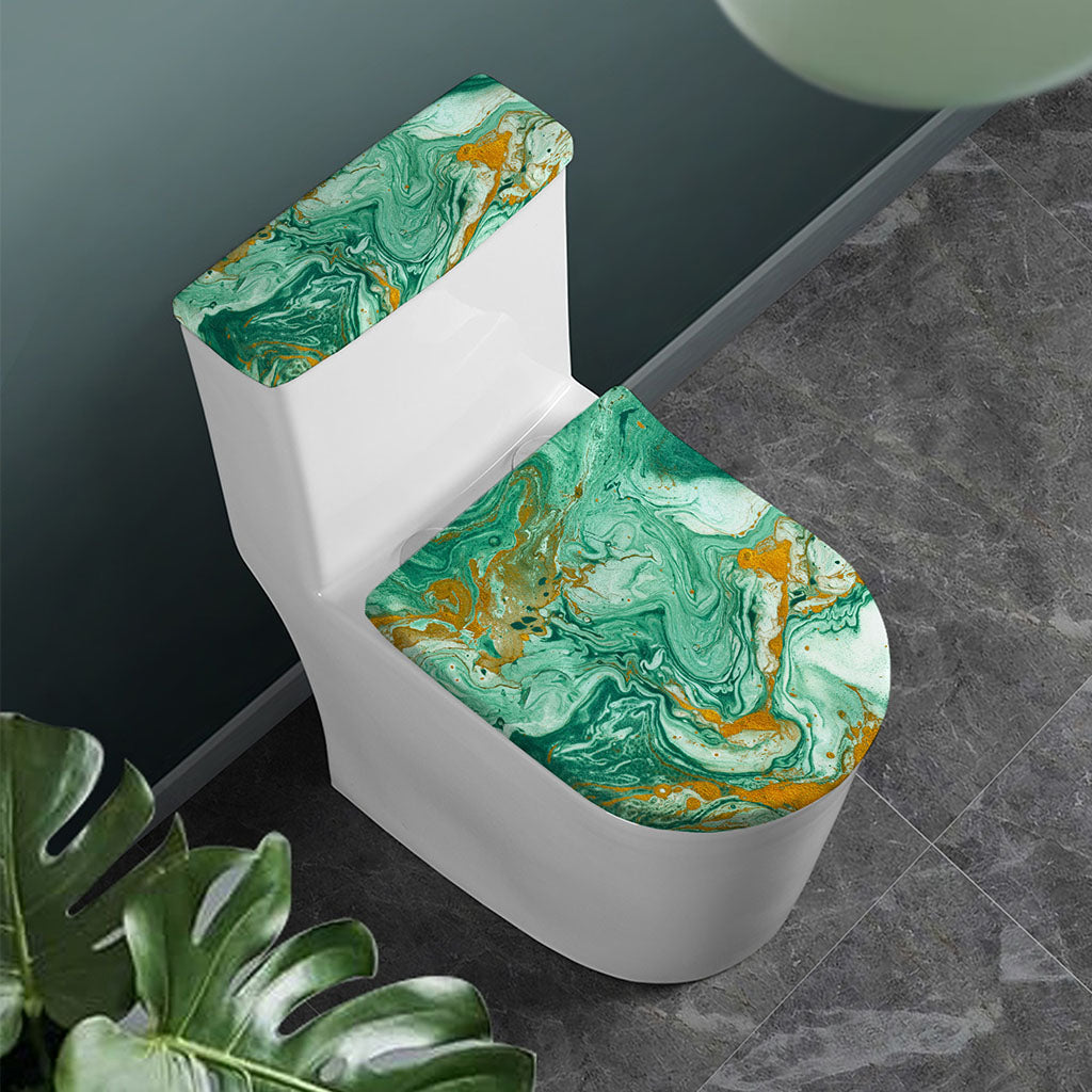Green Gold Liquid Marble Print Toilet Lid And Tank Cover Set