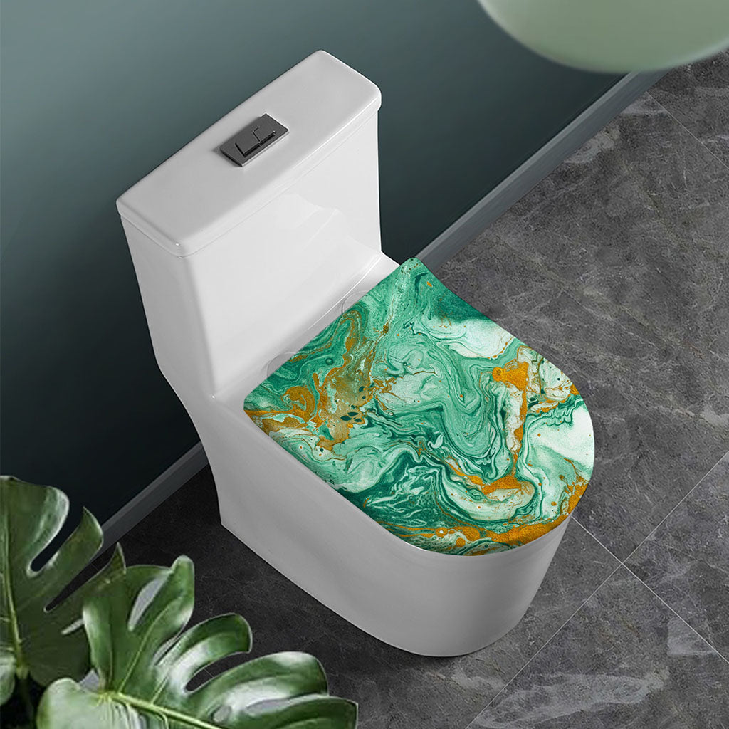 Green Gold Liquid Marble Print Toilet Lid Cover