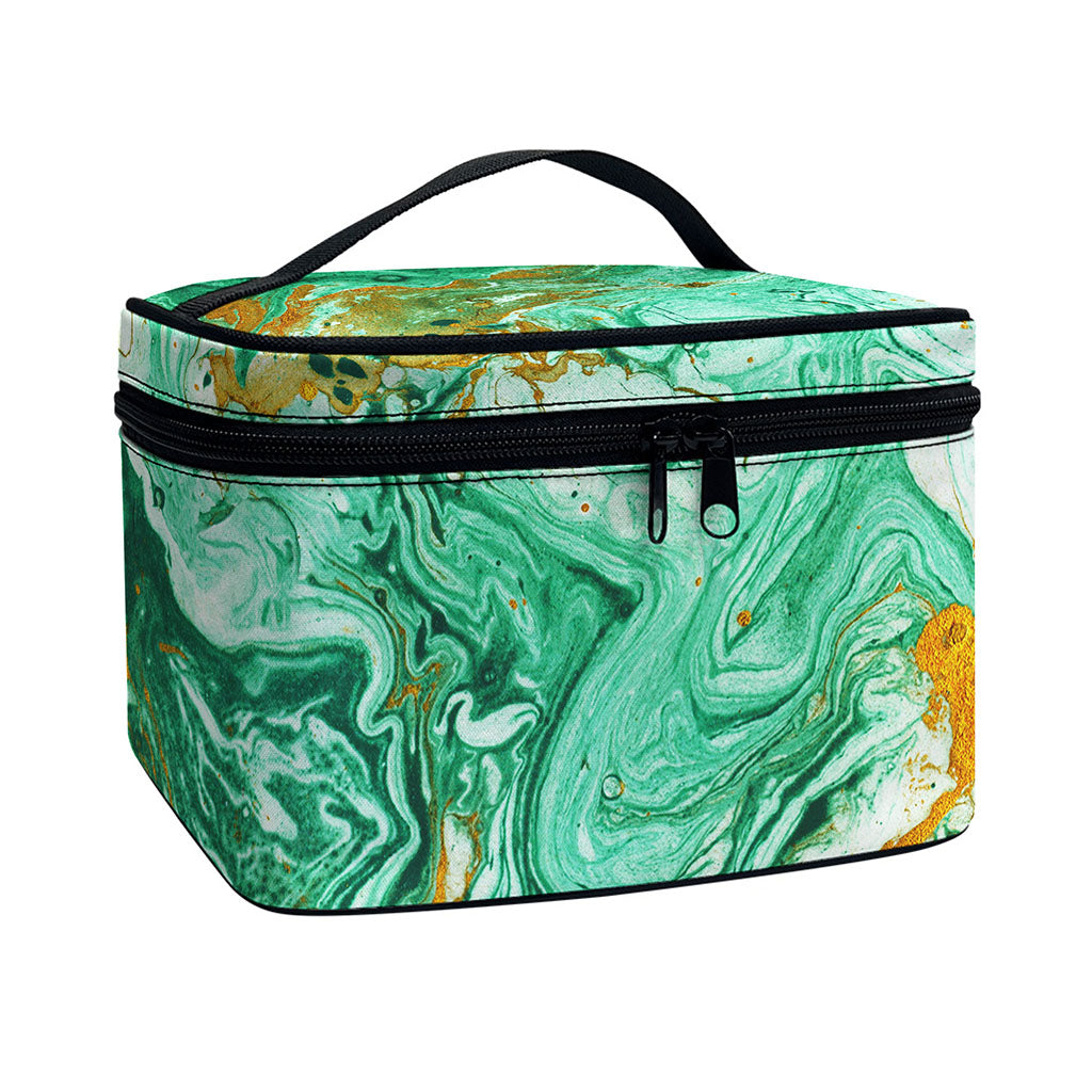Green Gold Liquid Marble Print Travel Makeup Bag