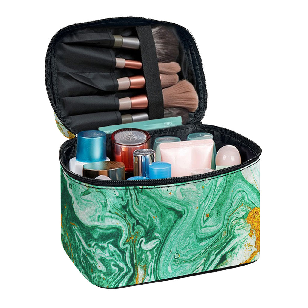 Green Gold Liquid Marble Print Travel Makeup Bag