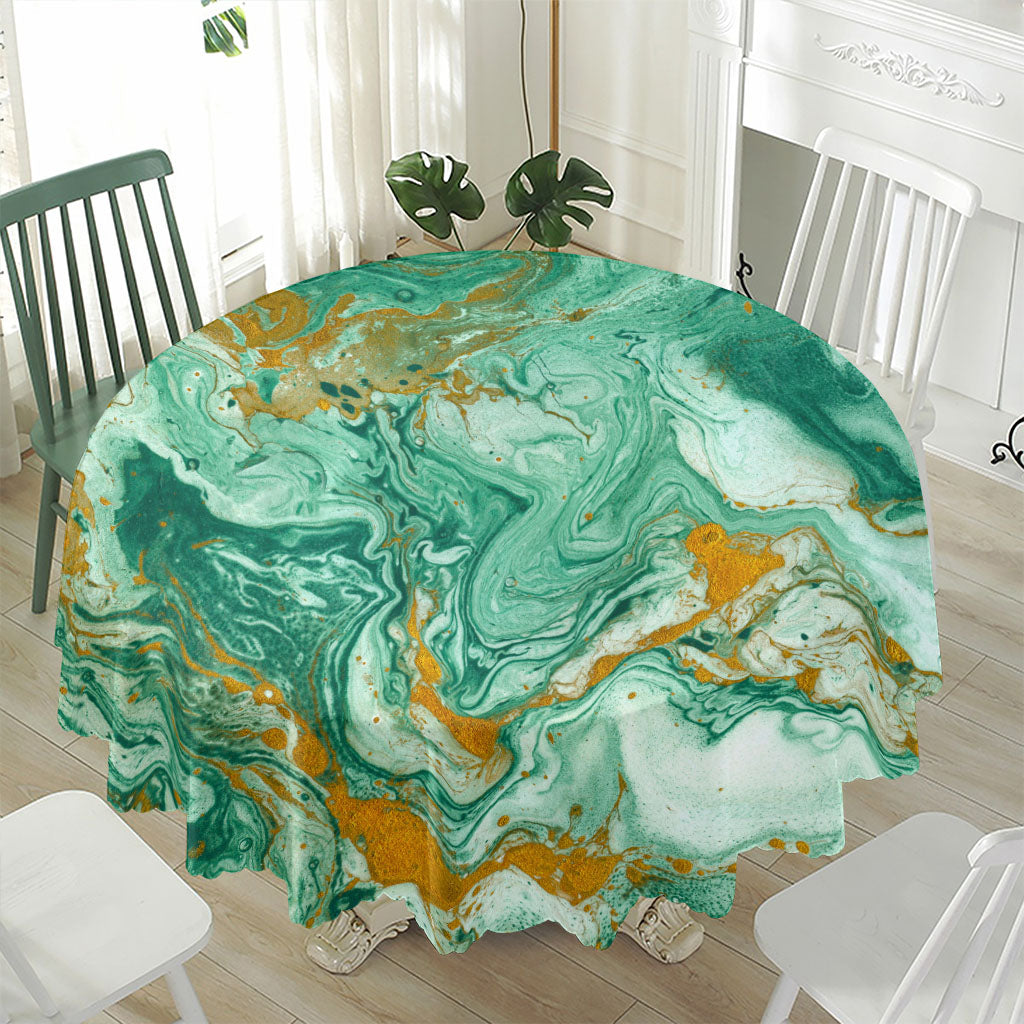 Green Gold Liquid Marble Print Waterproof Round Tablecloth