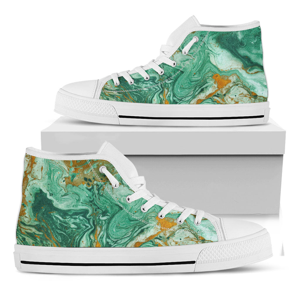 Green Gold Liquid Marble Print White High Top Sneakers
