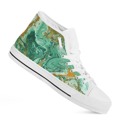 Green Gold Liquid Marble Print White High Top Sneakers
