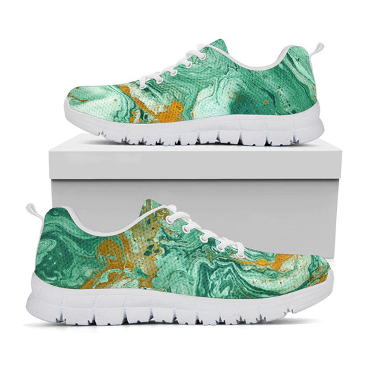 Green Gold Liquid Marble Print White Running Shoes