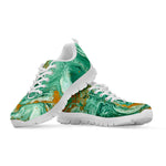 Green Gold Liquid Marble Print White Running Shoes