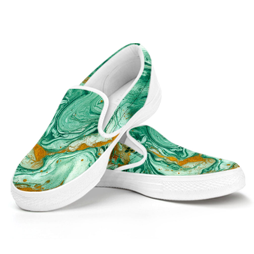 Green Gold Liquid Marble Print White Slip On Sneakers