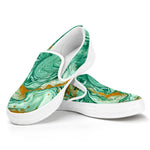 Green Gold Liquid Marble Print White Slip On Sneakers