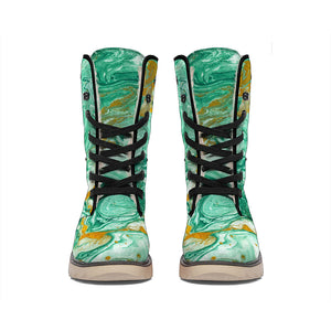 Green Gold Liquid Marble Print Winter Boots