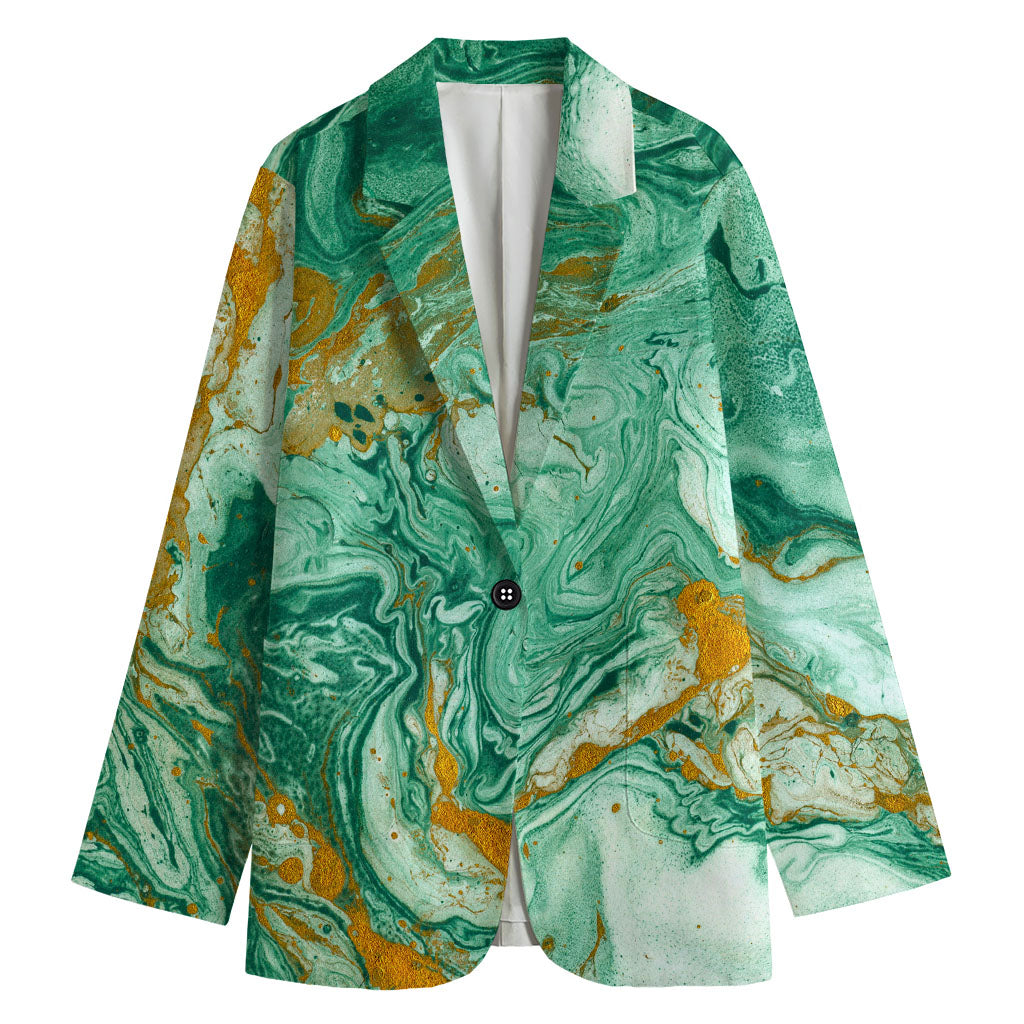 Green Gold Liquid Marble Print Women's Blazer