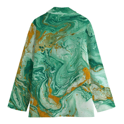 Green Gold Liquid Marble Print Women's Blazer