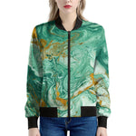 Green Gold Liquid Marble Print Women's Bomber Jacket