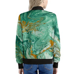 Green Gold Liquid Marble Print Women's Bomber Jacket