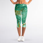 Green Gold Liquid Marble Print Women's Capri Leggings