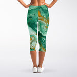 Green Gold Liquid Marble Print Women's Capri Leggings