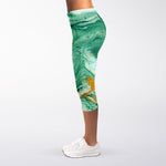 Green Gold Liquid Marble Print Women's Capri Leggings