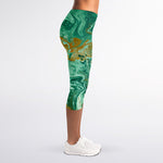 Green Gold Liquid Marble Print Women's Capri Leggings