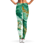 Green Gold Liquid Marble Print Women's Leggings