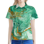 Green Gold Liquid Marble Print Women's Polo Shirt