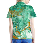 Green Gold Liquid Marble Print Women's Polo Shirt
