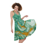 Green Gold Liquid Marble Print Women's Sleeveless Dress