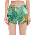 Green Gold Liquid Marble Print Women's Split Running Shorts