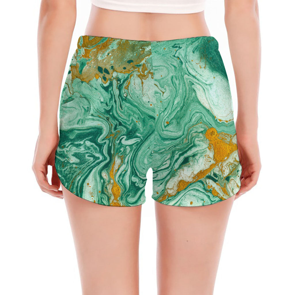 Green Gold Liquid Marble Print Women's Split Running Shorts