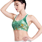 Green Gold Liquid Marble Print Women's Sports Bra