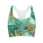 Green Gold Liquid Marble Print Women's Sports Bra