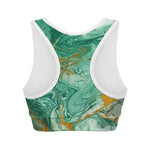Green Gold Liquid Marble Print Women's Sports Bra