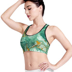 Green Gold Liquid Marble Print Women's Sports Bra