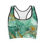 Green Gold Liquid Marble Print Women's Sports Bra