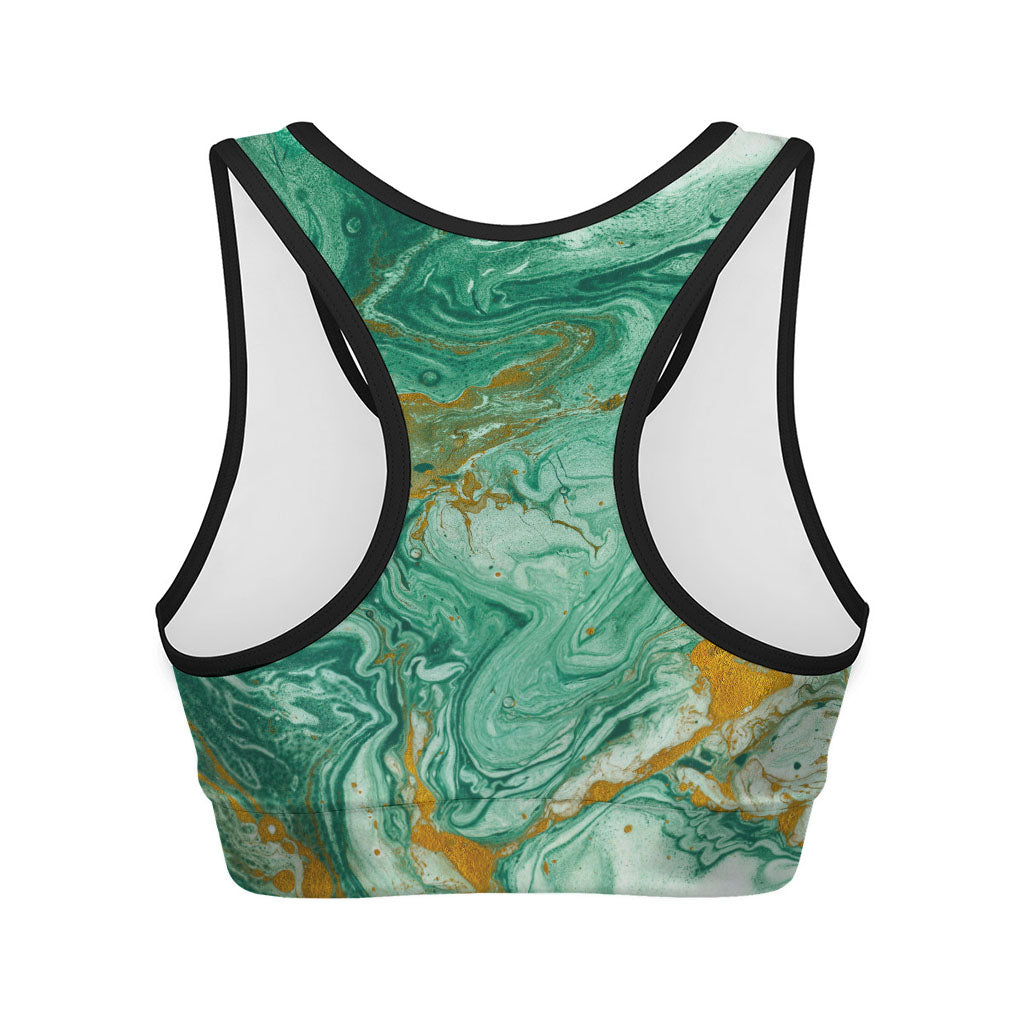 Green Gold Liquid Marble Print Women's Sports Bra
