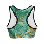 Green Gold Liquid Marble Print Women's Sports Bra