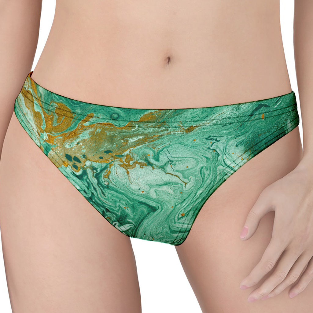 Green Gold Liquid Marble Print Women's Thong